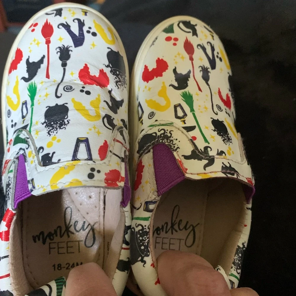 Monkey Feet White Slip-On Sneakers with Colorful Witch Motif
